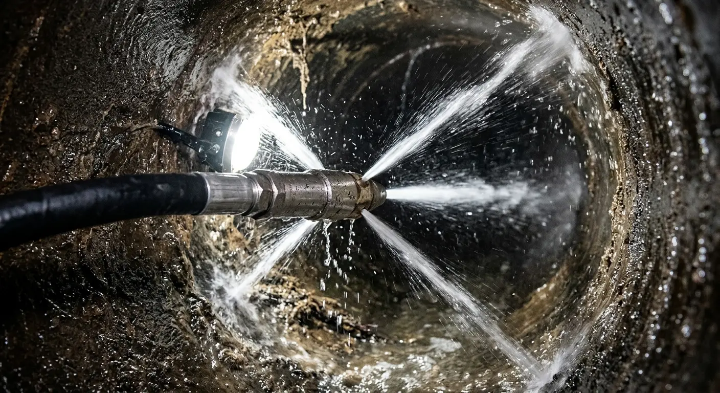 High-pressure hydro jetting nozzle cleaning sewer pipe for Emergency Drain Service in Nocatee